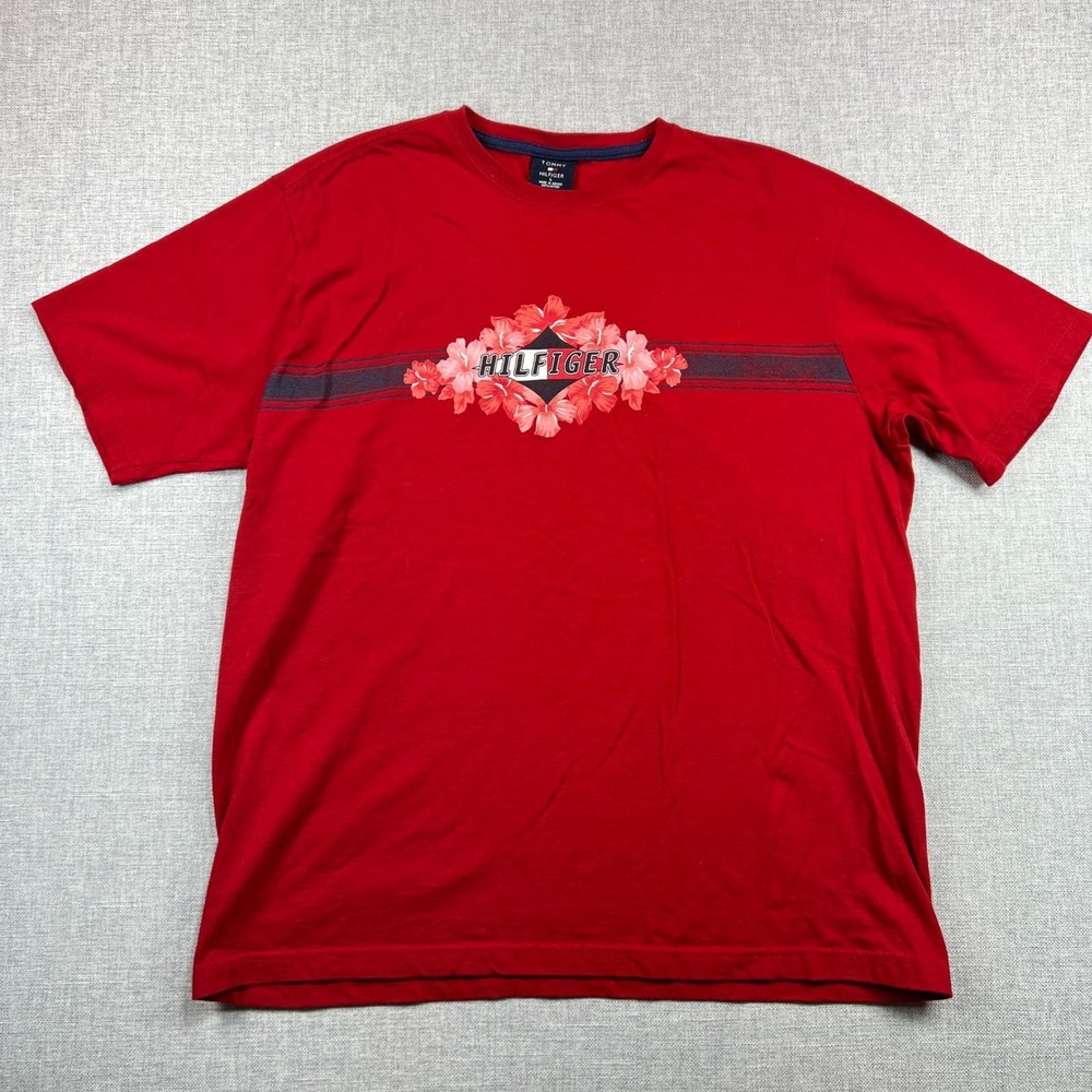 Vintage Y2K Tommy Hilfiger Graphic T-Shirt Floral Logo Crew Neck Red Mens Large